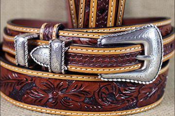 3D Floral Tan Mens Fashion Ranger Leather Belt Silver Buckle